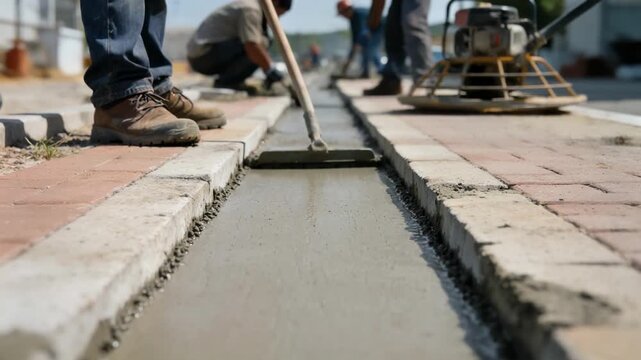 Focused view of fresh concrete being smoothed over a telecom trench on a pedestrian path with workers and equipment softly blurred behind.