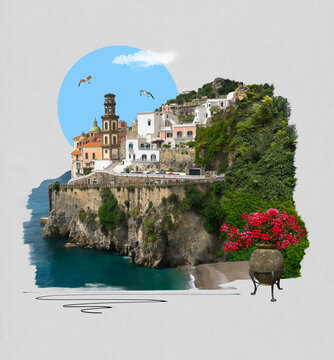 Atrani, Italy along the Amalfi Coast at dusk - collage