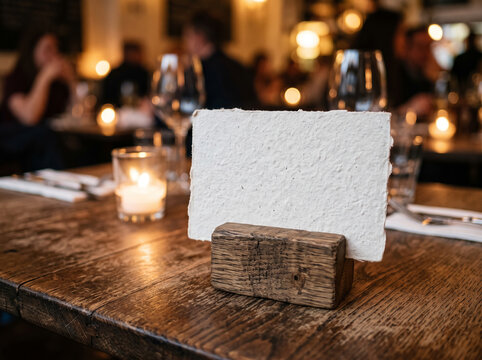 Blank Paper Table Menu Card Mockup on Wooden Base