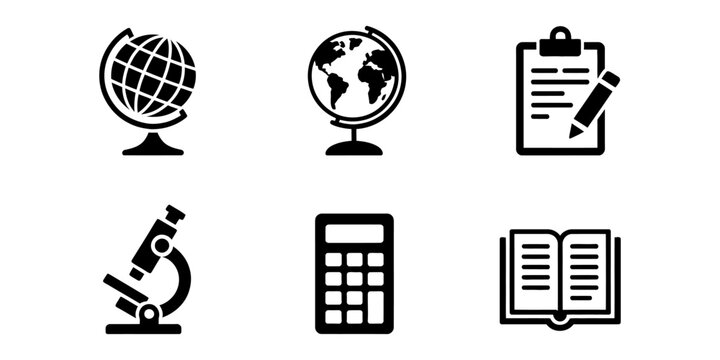 Set of black education and science icons featuring globes, a clipboard, a microscope, a calculator, and an open book for school and study Vector, illustration