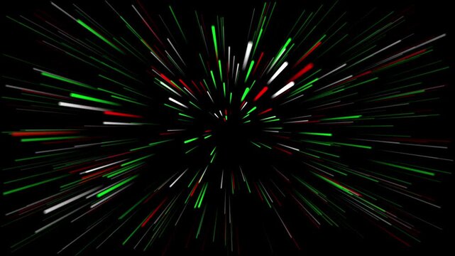 Abstract hyperspace warp speed effect with red, green, and white light streaks background