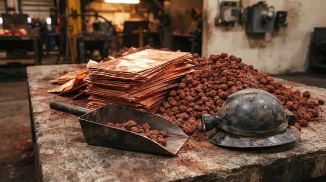 Copper cathodes, iron ore pellets, a steel scoop, and a miner's hard hat on a concrete slab symbolizing mineral production.