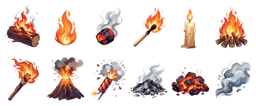 Fire and flame icons set. Elements of heat and combustion concept. Includes burning log, bonfire, match, candle, torch, volcano, firecracker, coals, smoke. Hand-drawn doodle style