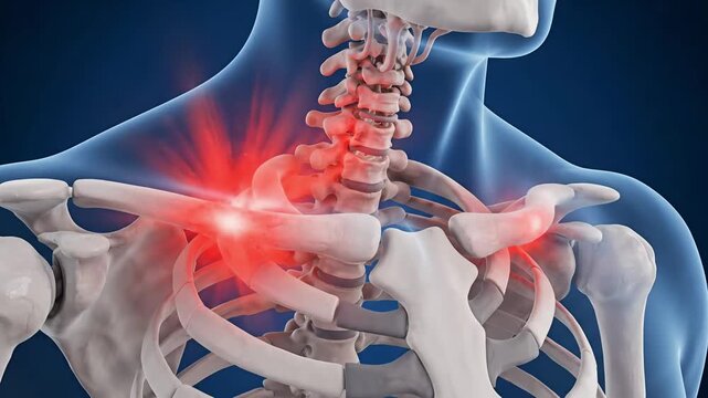 Medical visualization of cervical spine and shoulder joint pain in human skeleton