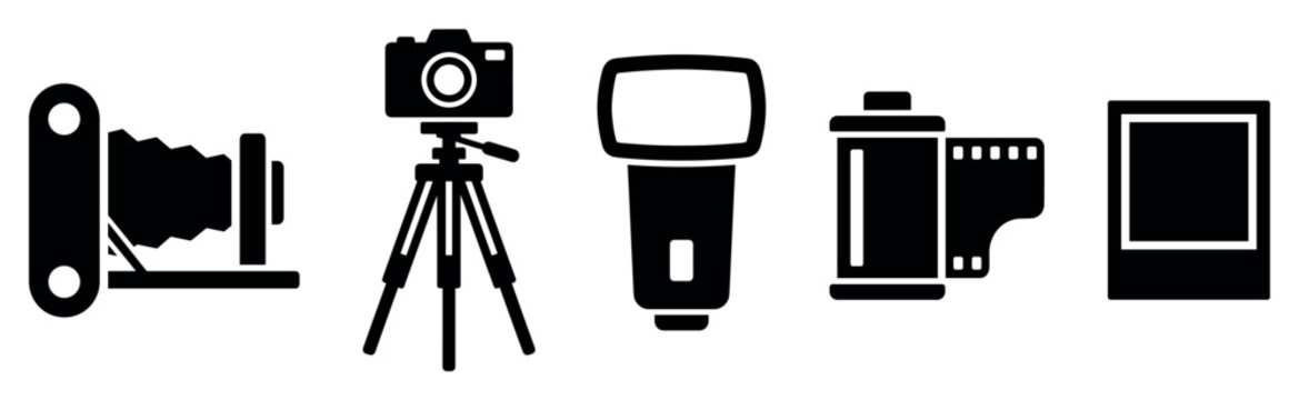 Photography equipment icons set. Vintage and modern camera gear concept. Includes folding camera, camera on tripod, flash, film roll, instant photo frame. Solid black silhouette style