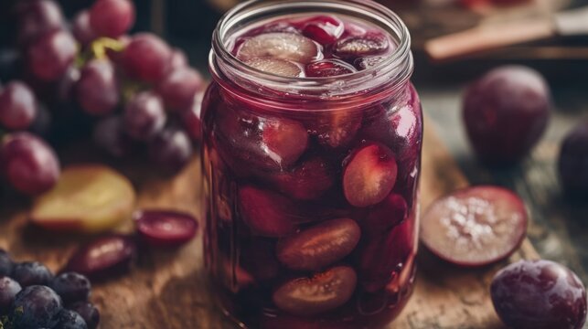 Fresh cranberry juice in a glass jar with whole berries. Homemade antioxidant-rich fruit drink with vibrant red color and ice. Healthy autumn bever...