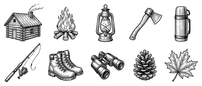 Camping and hiking icons set. Outdoor adventure and wilderness concept. Includes log cabin, campfire, lantern, axe, thermos, fishing rod, boots, binoculars, pine cone, maple leaf. Engraved
