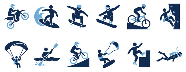 Obraz premium Extreme sports icons set. Adventure and outdoor activities concept. Includes motocross rider, surfer, skateboarder, snowboarder, mountain biker, rock climber, parachutist, kayaker, BMX