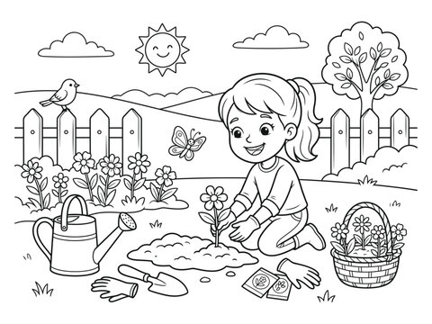 Charming gardening coloring pages design girl planting flowers perfect for kids relaxation activities