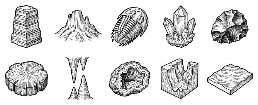 Geology and archeology icons set. Earth science and ancient history concept. Includes layered rock formation, mountain, trilobite, crystal, stone tool, tree stump, stalactite, geode, canyon,
