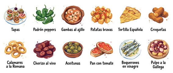 Fototapeta premium Spanish tapas icons set. Traditional Spanish cuisine and food concept. Includes tapas, Padrón peppers, gambas al ajillo, patatas bravas, tortilla Española, croquetas. Hand-drawn watercolor