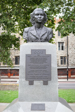 Monument to Special Operations Executive (SOE) agents, a bronze bust of Violette Szabo on the Albert Embankment in Lambeth, London