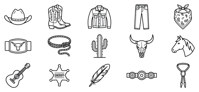 Western icons set. Cowboy and wild west concept. Includes cowboy hat, boots, denim jacket, jeans, bandana, belt buckle, lasso, cactus, bull skull, horse head, guitar, sheriff badge, feather,