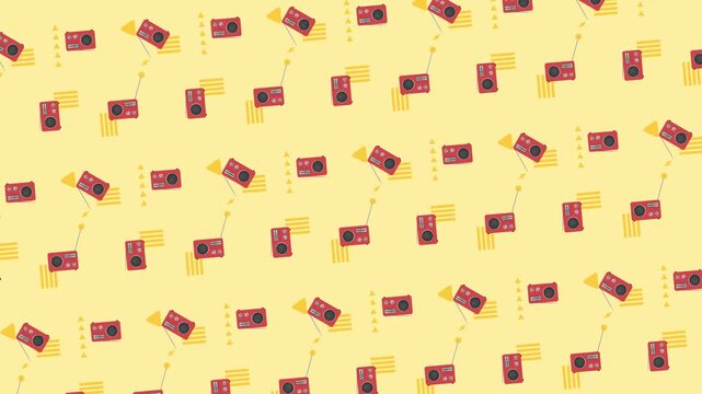 赤いラジオと幾何学模様を組み合わせた背景素材／A background featuring a red radio combined with geometric patterns