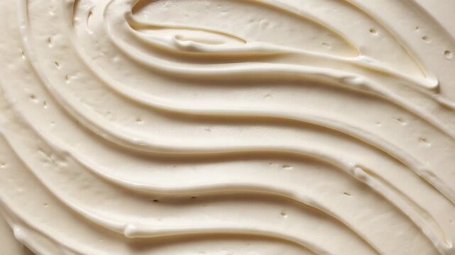 Tracking slow motion closeup of creamy frosting being smoothly spread and swirled across cake surface on kitchen countertop in studio with soft neutral lighting