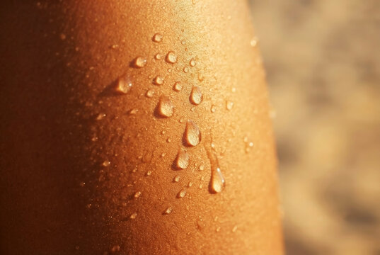 Macro Close-Up of Water Drops and Sweat on Tanned Human Skin during Summer Sunlight