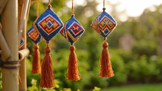Vibrant handcrafted tassels hanging on bamboo pole in garden
