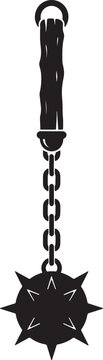 Medieval flail mace vector silhouette featuring spiked ball and chain with wooden handle and leather texture.