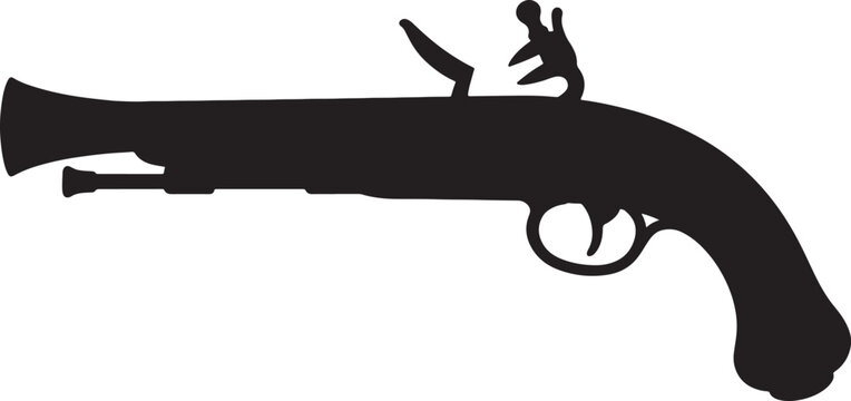 Ancient flintlock pistol silhouette antique historical weapon for pirate defense vintage war firearms icon.