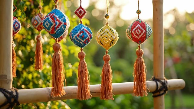 Vibrant traditional handcrafted woven ornaments with tassels hanging outdoors
