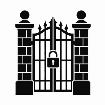 Ornate wrought iron gate with padlock, brick pillars, and decorative finials, representing security and access control