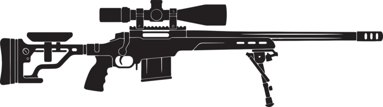 Precision sniper rifle silhouette with telescopic scope and bipod for long range shooting vector graphics.