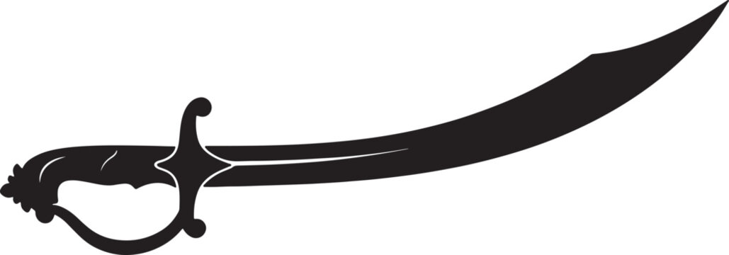Curved scimitar sword silhouette with ornamental hilt and decorative guard for desert warrior combat theme.