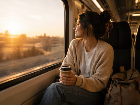 Woman Enjoying Scenic Train Journey with Coffee at Golden Sunset