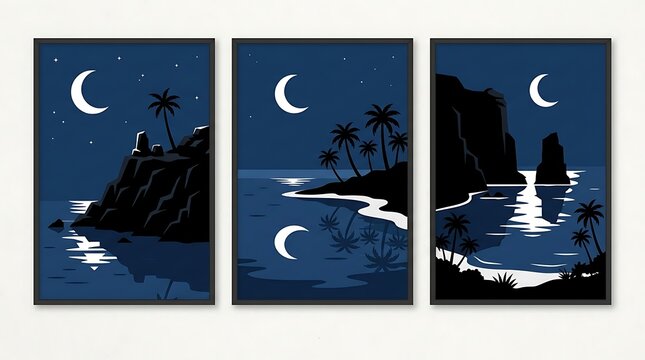 Spooky halloween template tropical island night scene wall art set