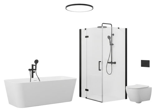 complete modern bathroom set including a white bathtub shower cabin and toilet