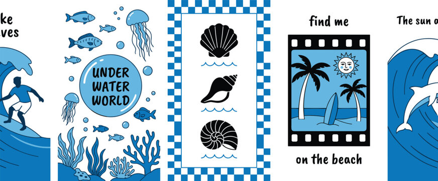 Summer coastal banners pack presenting ocean surfing waves underwater fish wildlife seashell graphics and beach palm decorations