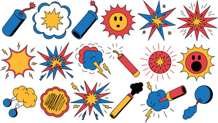 Comic Style Explosion and Dynamite Icon Set Featuring Retro Pop Art Blast Bubbles, Sparkles, and Firecracker Symbols for Creative Digital Media Projects © Md