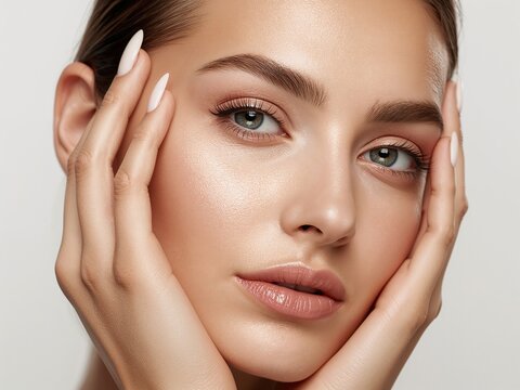 Primer plano beauty de mujer con rostro iluminado y manos suaves para tratamiento facial