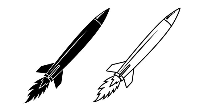 Missile Silhouette With Flame Black And White Line Art Illustration