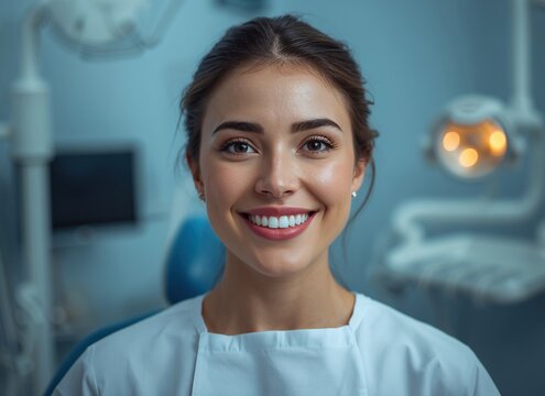 Retrato de dentista profesional sonriendo en cl&iacute;nica dental moderna con ambiente luminoso