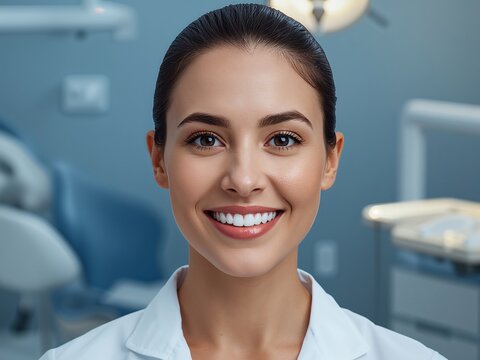 Retrato de dentista sonriente con bata blanca en cl&iacute;nica dental moderna y luminosa