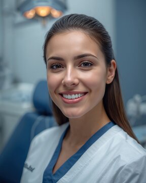 Dentista profesional sonriendo en consulta dental moderna con fondo cl&iacute;nico desenfocado