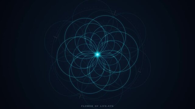 Glowing Geometric Flower of Life Animation on Digital Dark Background