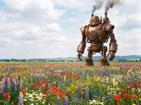 A massive brass steam-powered steampunk robot stands towering in a vibrant wildflower meadow dotted with poppies, blue cornflowers, smoke venting from its exhaust stacks with a village backdrop.
