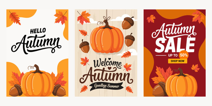 Colorful autumn sale and welcome banners with pumpkins and falling leaves