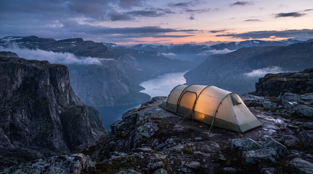 illuminated camping tent on a rocky cliff overlooking a spectacular mountain fjord at dusk