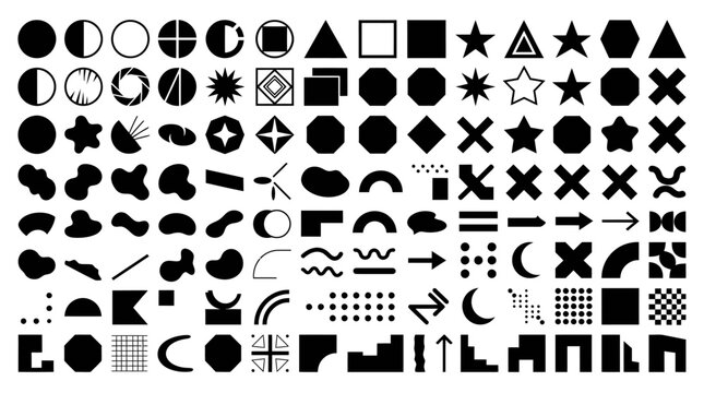 Set of abstract geometric shapes and silhouette design elements for graphic composition
