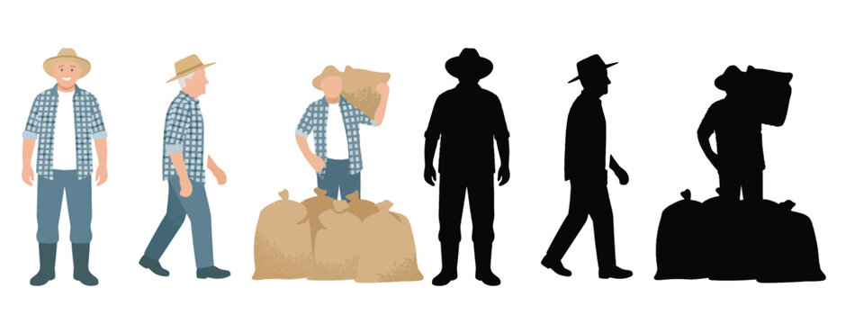 Vector illustration set of farmers working with harvest sacks, flat design agricultural worker characters standing, walking, and carrying bags, with solid black shadow silhouettes isolated on white ba