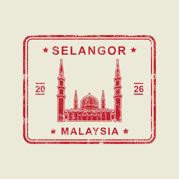 Vintage passport stamp featuring Sultan Salahuddin Abdul Aziz Mosque in Selangor. Retro square travel badge with distressed rubber stamp effect.
