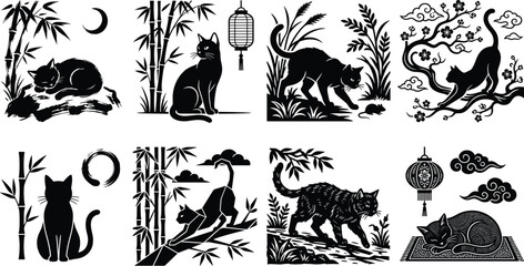 Set of black and white vector cat silhouettes in Asian style landscapes and nature. © MdAbdur