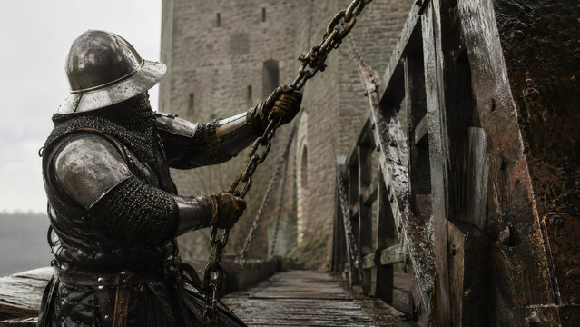 Knight pulling iron chain at medieval castle drawbridge. Soldier in full steel armor operating heavy gates. Historical drama scene representing defense, warfare and age of chivalry.
