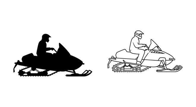 Snowmobile Silhouettes On White Background Linear Illustration