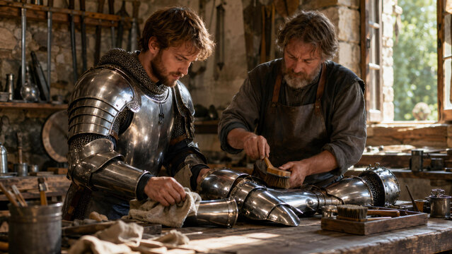 Man in knight armor cleaning metal plate with blacksmith. Medieval workshop scene with craftsman and warrior. Historical reenactment of armor maintenance in a forge environment.