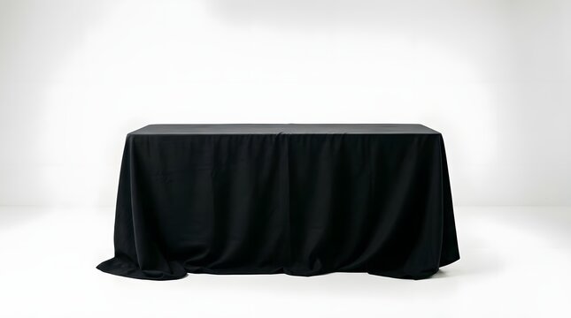 Draped black tablecloth on white background event setup mockup