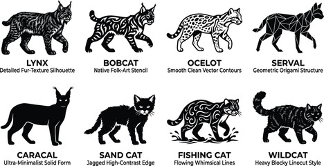 Set of black and white wild cat silhouettes featuring lynx bobcat and ocelot. © MdAbdur